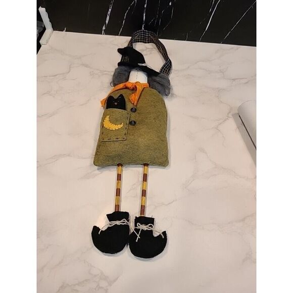 Folk Art Hanging Spooky Witch w Cat Felt Fabric Halloween Décor Primitive EUC - Picture 4 of 10